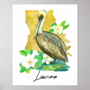 Louisiana Pelican State Shape Magnolia Flower Poster