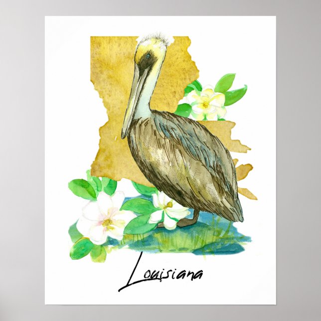 Louisiana Pelican State Shape Magnolia Flower Poster (Front)