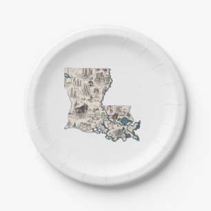 Louisiana Vintage Picture Map Paper Party Plates