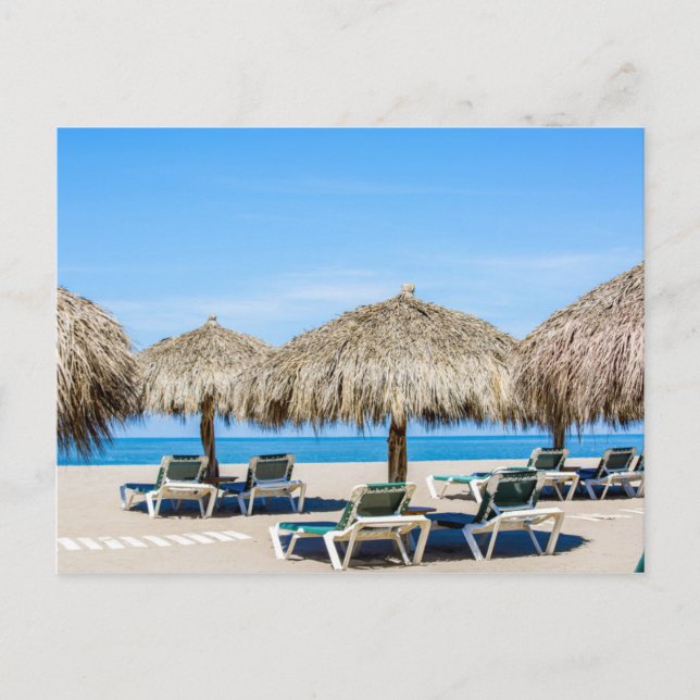 Lounge Chairs And Thatch Umbrellas On Beach Postcard (Front)