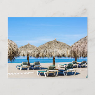 Lounge Chairs And Thatch Umbrellas On Beach Postcard