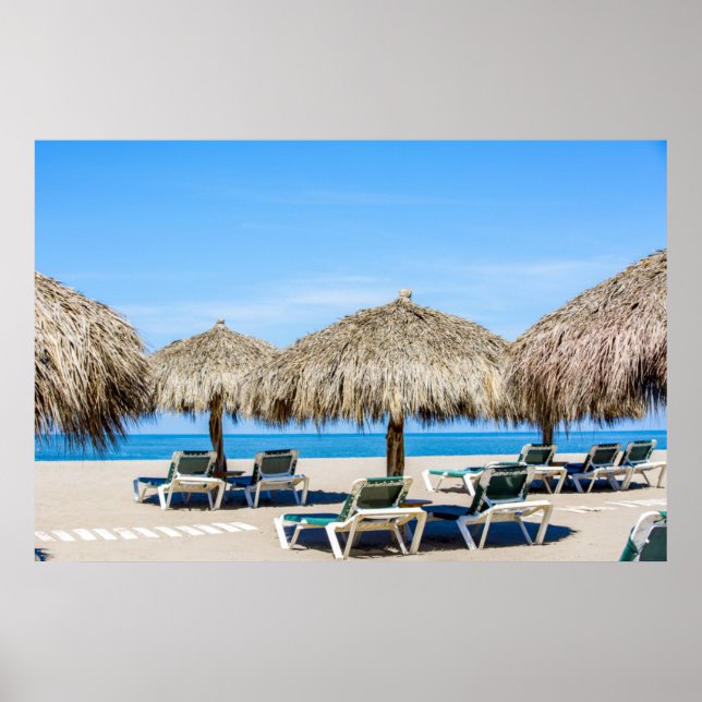 Lounge Chairs And Thatch Umbrellas On Beach Poster (Front)