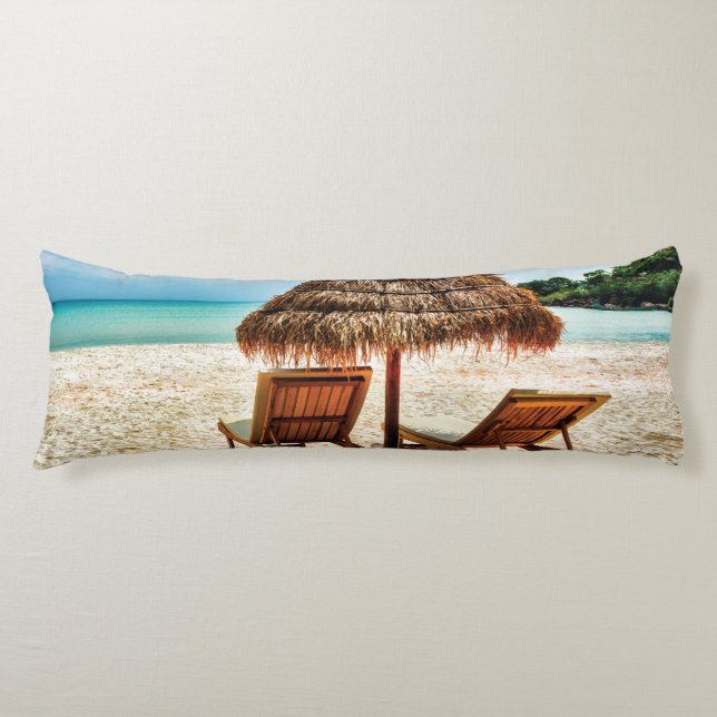 Lounge chairs on beach throw pillow (Front)