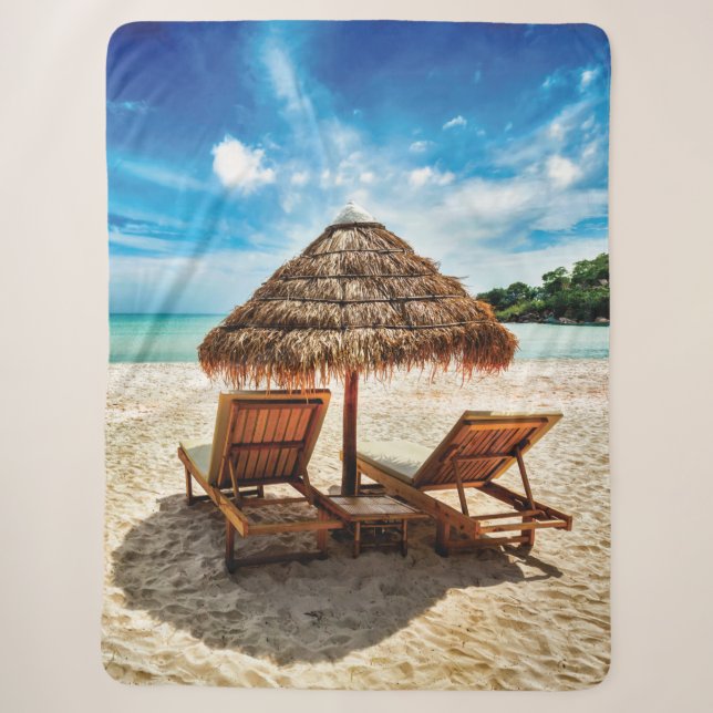 Lounge chairs on beach throw pillow (Front)