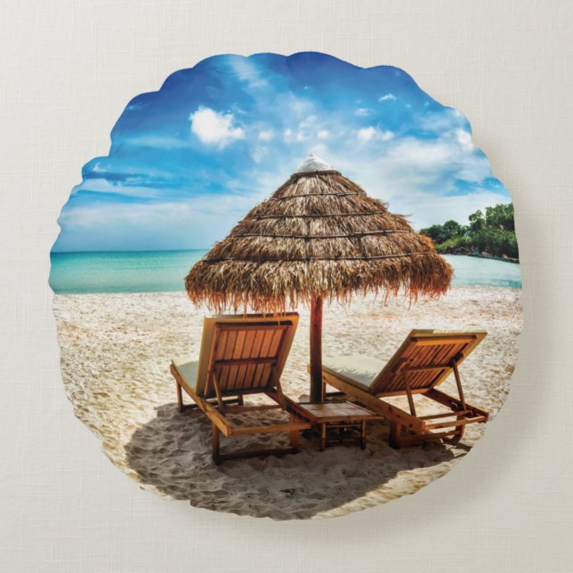 Lounge chairs on beach throw pillow (Front)