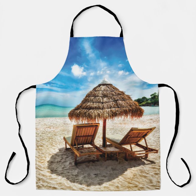 Lounge chairs on beach throw pillow apron (Front)