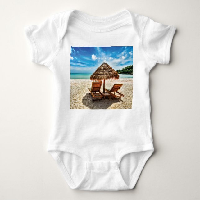 Lounge chairs on beach throw pillow baby bodysuit (Front)