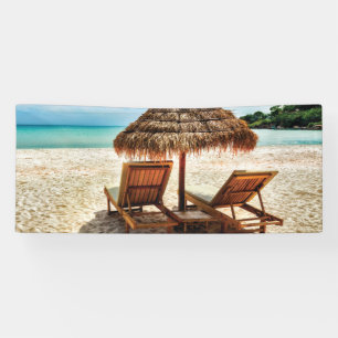 Lounge chairs on beach throw pillow banner