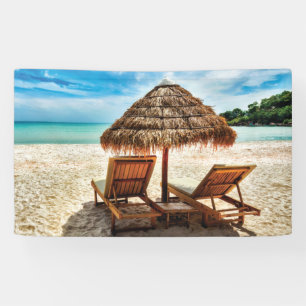 Lounge chairs on beach throw pillow banner