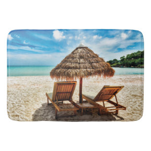 Lounge chairs on beach throw pillow bath mat