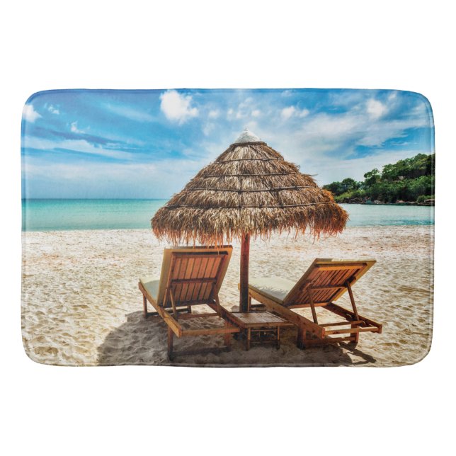 Lounge chairs on beach throw pillow bath mat (Front)