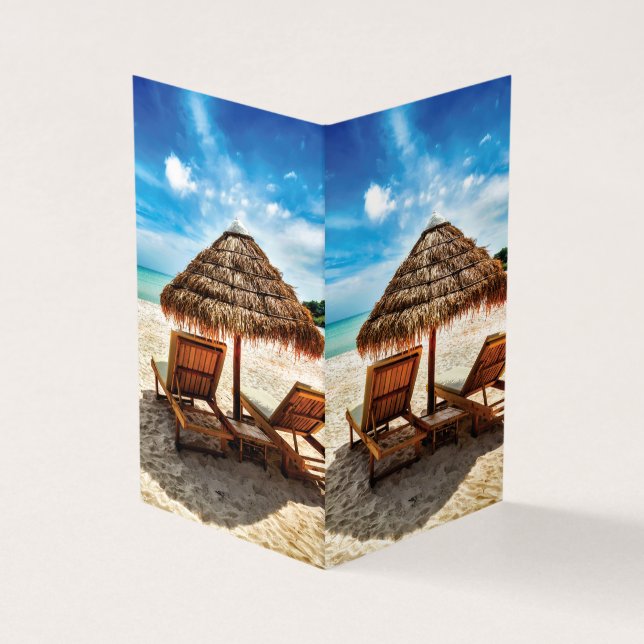 Lounge chairs on beach throw pillow business card (Outside)
