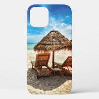 Lounge chairs on beach throw pillow