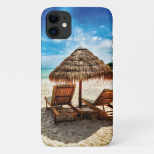 Lounge chairs on beach throw pillow iPhone 11 case