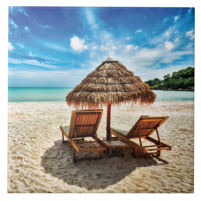 Lounge chairs on beach throw pillow ceramic tile (Front)