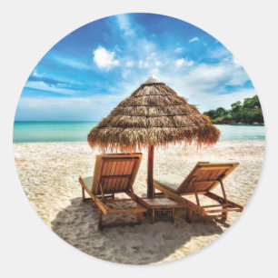 Lounge chairs on beach throw pillow classic round sticker
