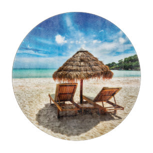 Lounge chairs on beach throw pillow cutting board