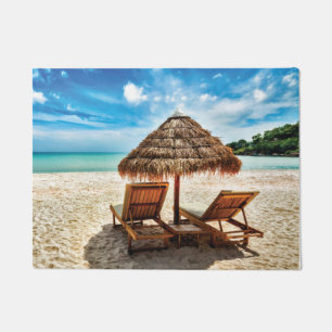 Lounge chairs on beach throw pillow doormat