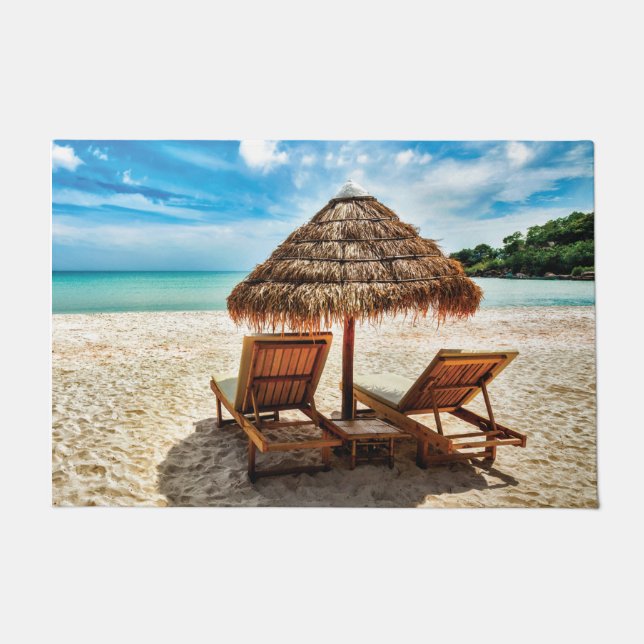 Lounge chairs on beach throw pillow doormat (Front)
