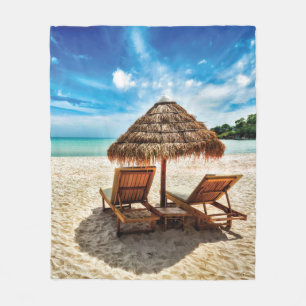 Lounge chairs on beach throw pillow fleece blanket