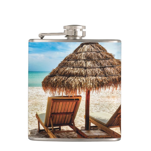 Lounge chairs on beach throw pillow hip flask (Front)