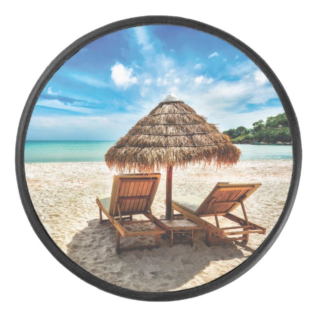 Lounge chairs on beach throw pillow hockey puck (Front)