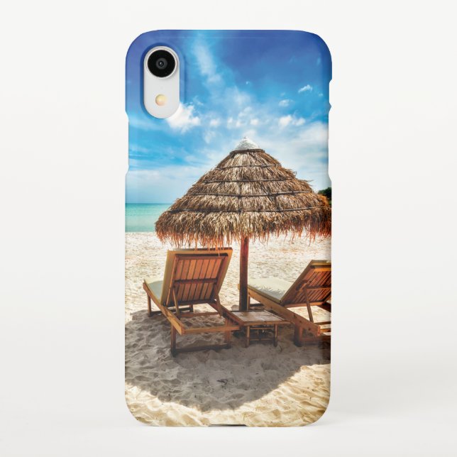 Lounge chairs on beach throw pillow iPhone case (Back)