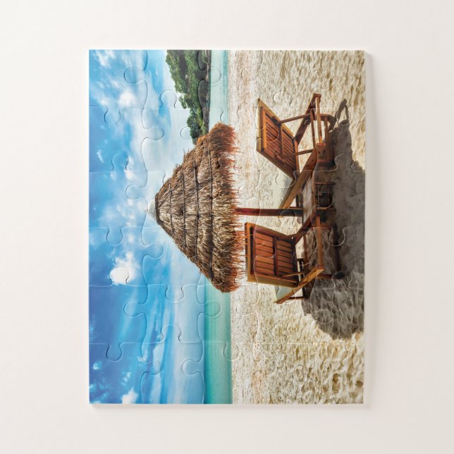 Lounge chairs on beach throw pillow jigsaw puzzle (Vertical)