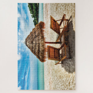 Lounge chairs on beach throw pillow jigsaw puzzle