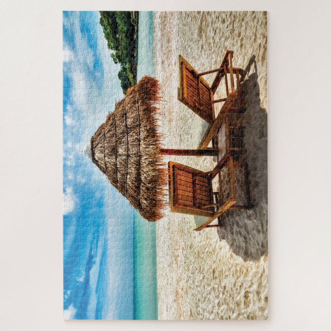 Lounge chairs on beach throw pillow jigsaw puzzle (Vertical)