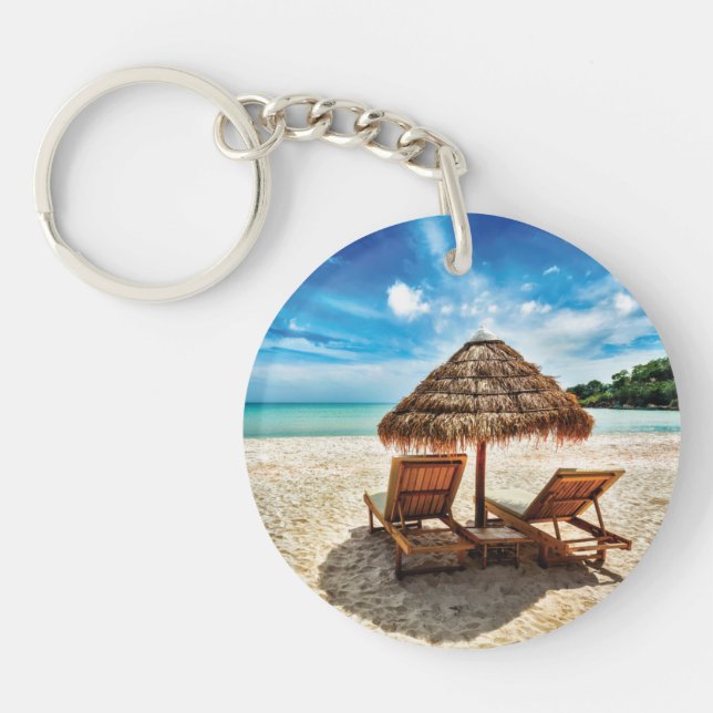 Lounge chairs on beach throw pillow key ring (Front)