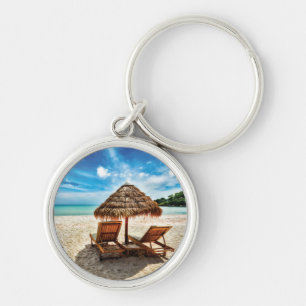Lounge chairs on beach throw pillow key ring