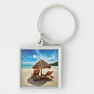 Lounge chairs on beach throw pillow key ring