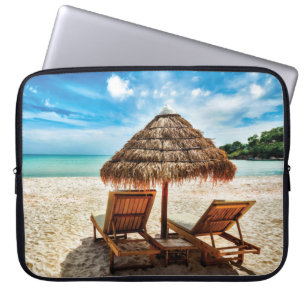 Lounge chairs on beach throw pillow laptop sleeve