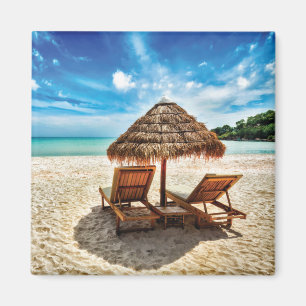 Lounge chairs on beach throw pillow magnet