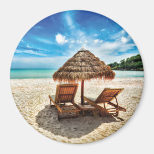 Lounge chairs on beach throw pillow magnet