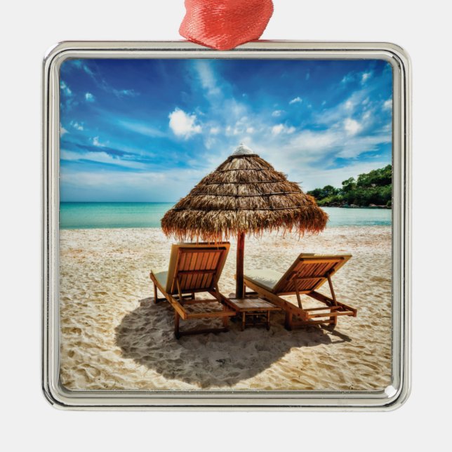 Lounge chairs on beach throw pillow metal ornament (Front)