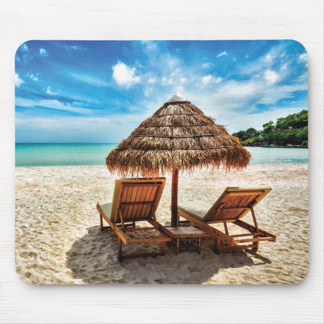 Lounge chairs on beach throw pillow mouse pad (Front)