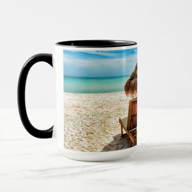 Lounge chairs on beach throw pillow mug (Left)