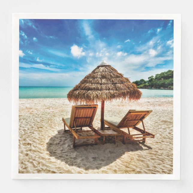 Lounge chairs on beach throw pillow napkin (Front)