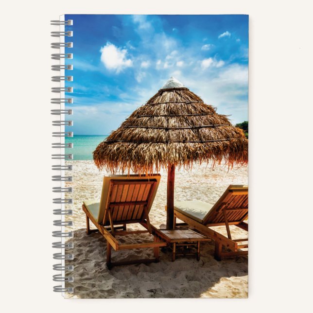 Lounge chairs on beach throw pillow notebook (Front)