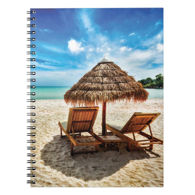 Lounge chairs on beach throw pillow notebook (Front)