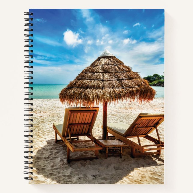Lounge chairs on beach throw pillow notebook (Front)