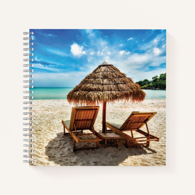 Lounge chairs on beach throw pillow notebook (Front)