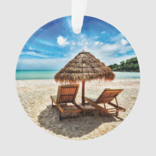 Lounge chairs on beach throw pillow ornament