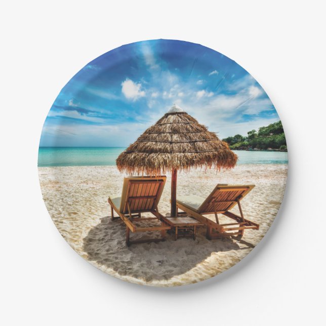 Lounge chairs on beach throw pillow paper plate (Front)