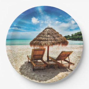 Lounge chairs on beach throw pillow paper plate