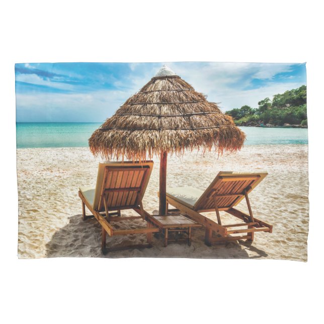 Lounge chairs on beach throw pillow pillowcase (Front)