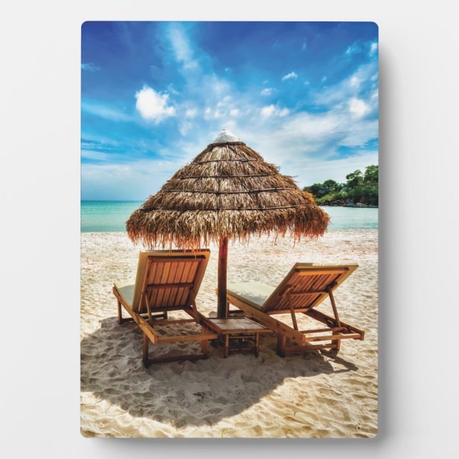Lounge chairs on beach throw pillow plaque (Front)