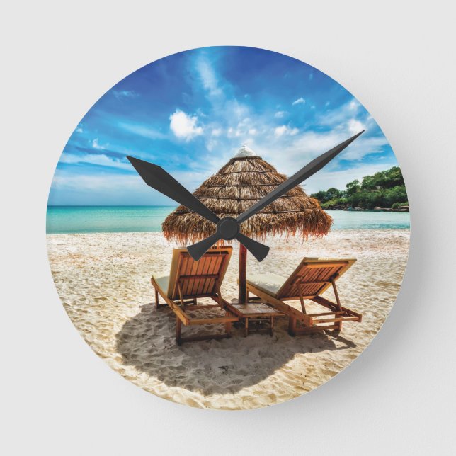 Lounge chairs on beach throw pillow round clock (Front)